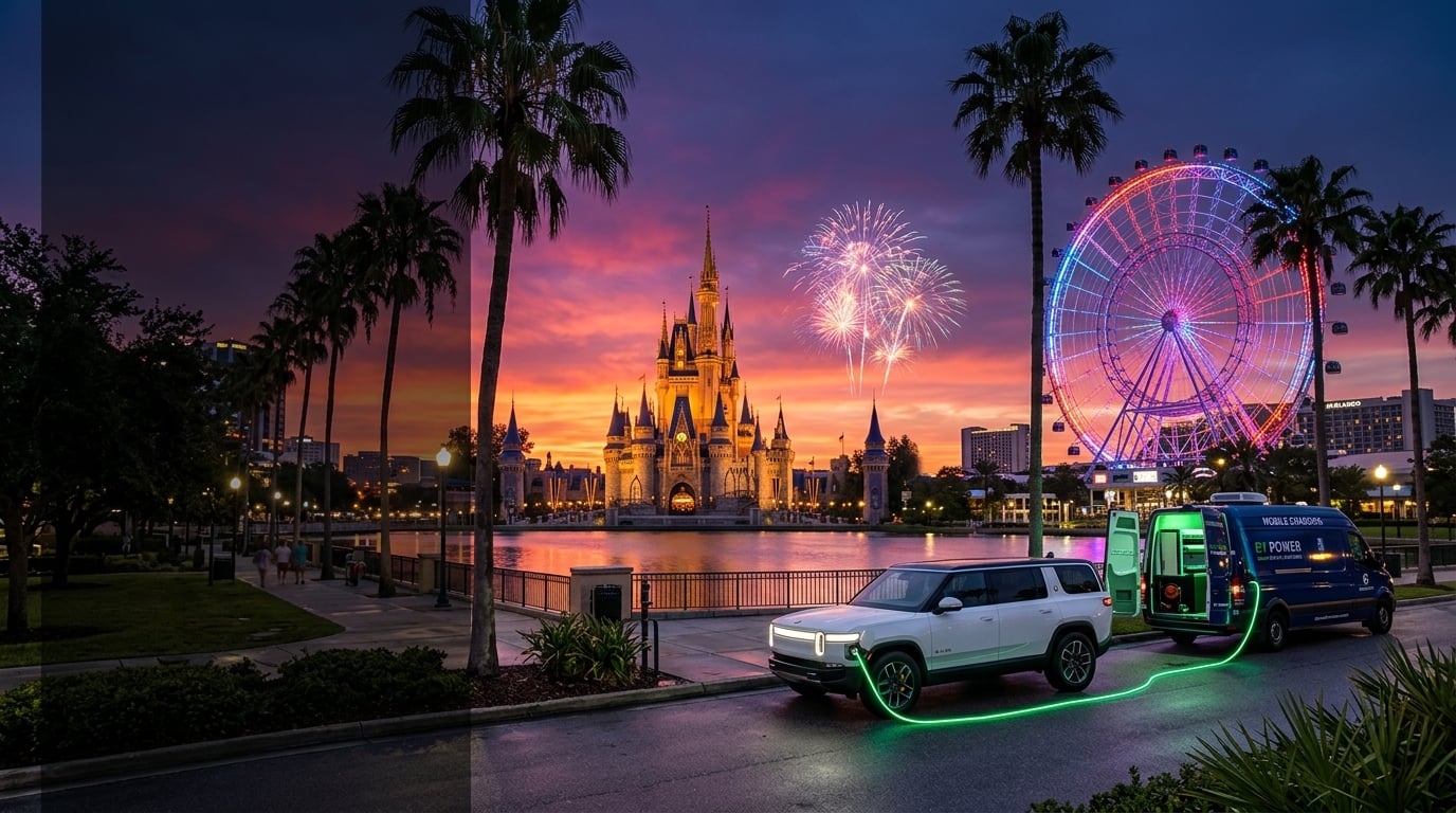 Orlando theme-park skyline at dusk with fantasy castle, illuminated Ferris wheel, palm trees, and a mobile EV charging van